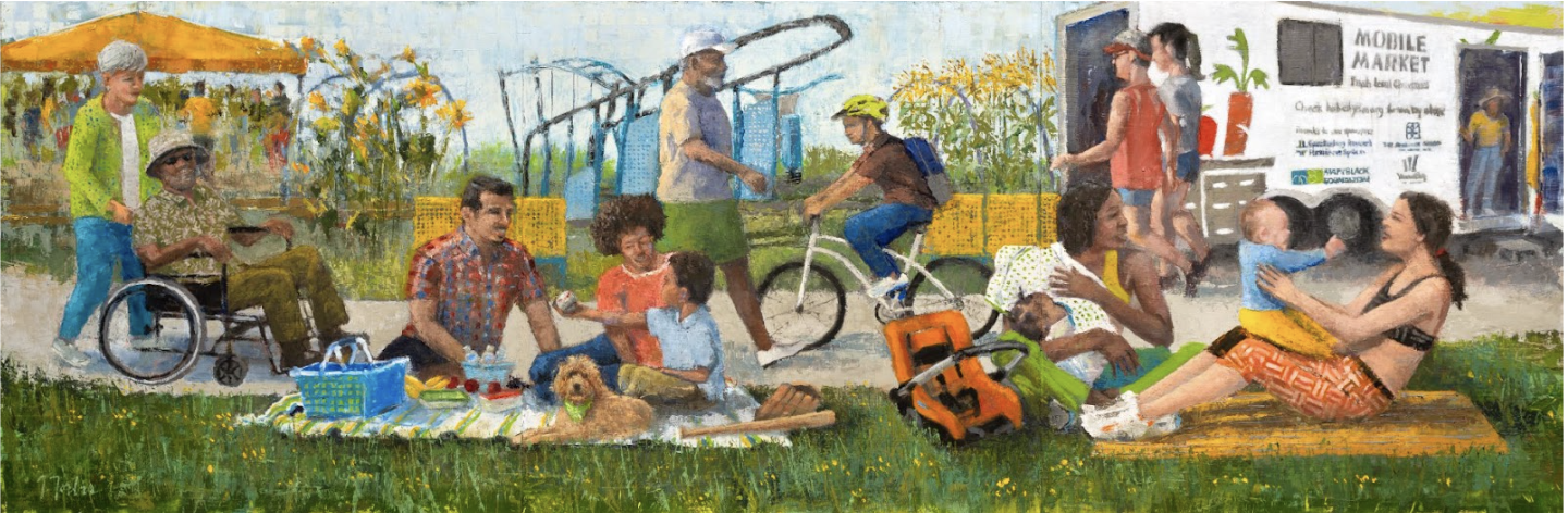 Isabel Forbes, an award-winning artist, beautifully conveyed the Foundation’s interests in early childhood development and healthy eating and active living by showcasing people along the Mary Black Foundation Rail Trail. Her painting can be seen on the cover of this report.